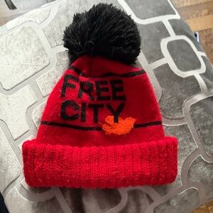 Freecity Vibrant Red and Black Pom-Pom Beanie